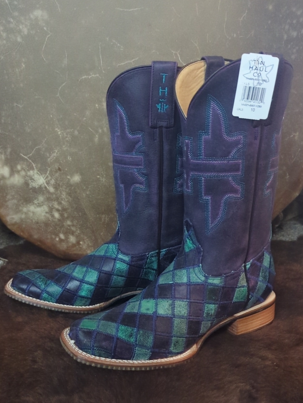 TIN HAUL "Chevron" distressed purple/teal patchwork leather cowgirl boots 10 NWT